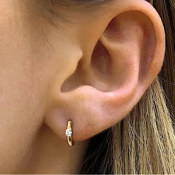 Gold Diamond Huggie Hoop Cubic Zircon Minimalist Earrings - Picture 5 of 10